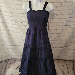 Aqua Girls' Smocked Eyelet MIDI Dress- Navy
